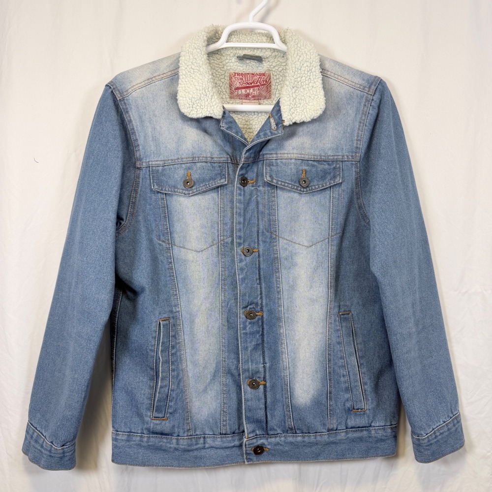 Brooklyn Cloth Denim Trucker Jacket Sherpa Collar Light Wash Blue Large